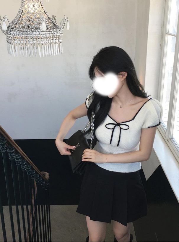 配色リボンスクエアネックニットトップス