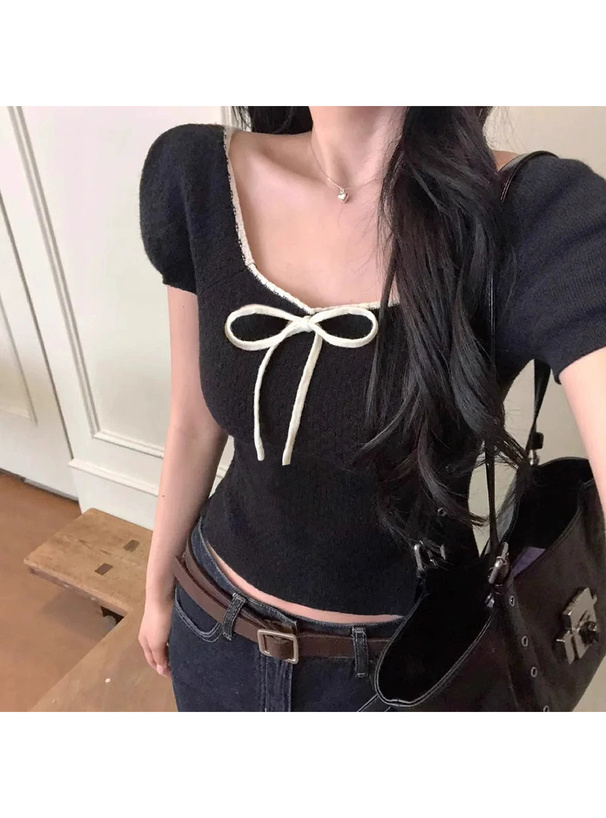 配色リボンスクエアネックニットトップス