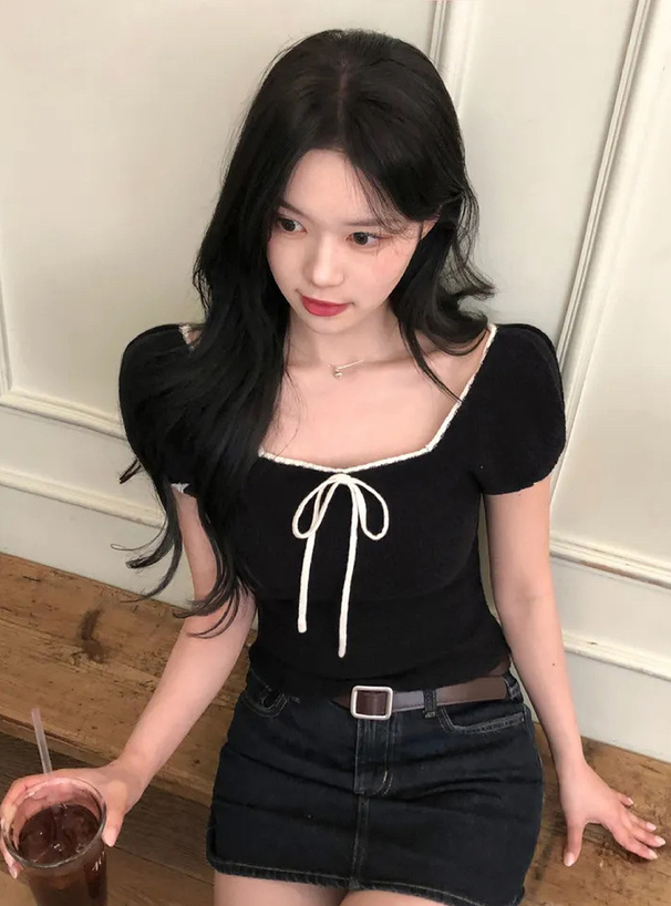 配色リボンスクエアネックニットトップス