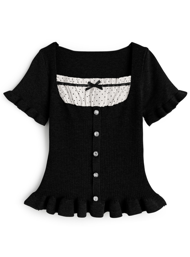 ドット柄フリルリボンレイヤード風ペプラムニットトップス