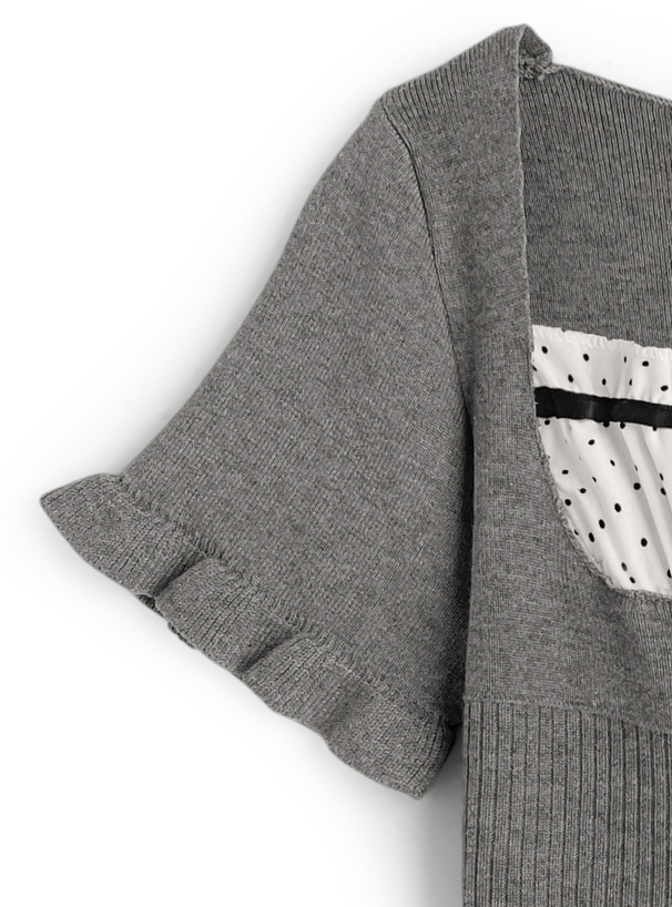 ドット柄フリルリボンレイヤード風ペプラムニットトップス