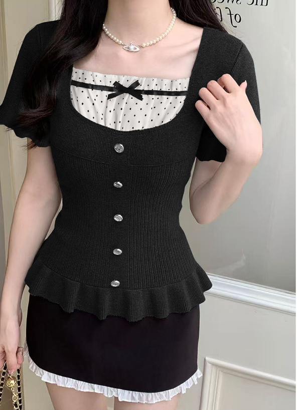 ドット柄フリルリボンレイヤード風ペプラムニットトップス