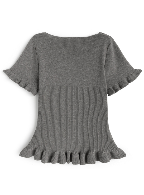 ドット柄フリルリボンレイヤード風ペプラムニットトップス