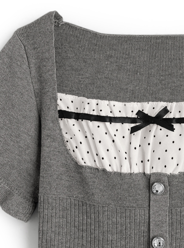 ドット柄フリルリボンレイヤード風ペプラムニットトップス