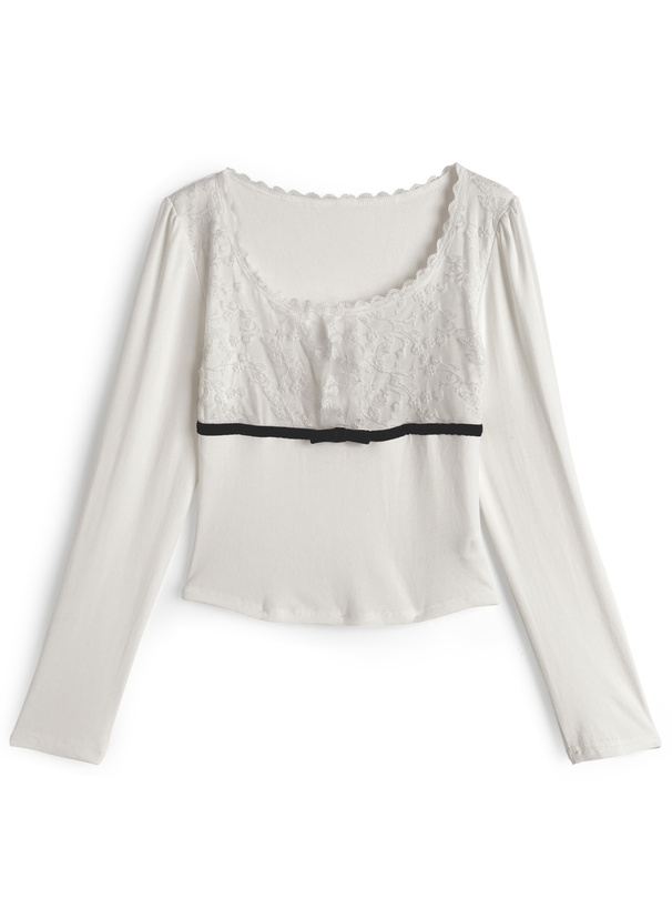 レース配色リボントップス