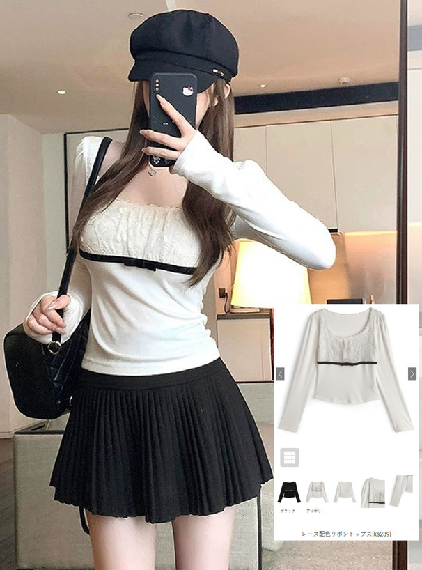 レース配色リボントップス