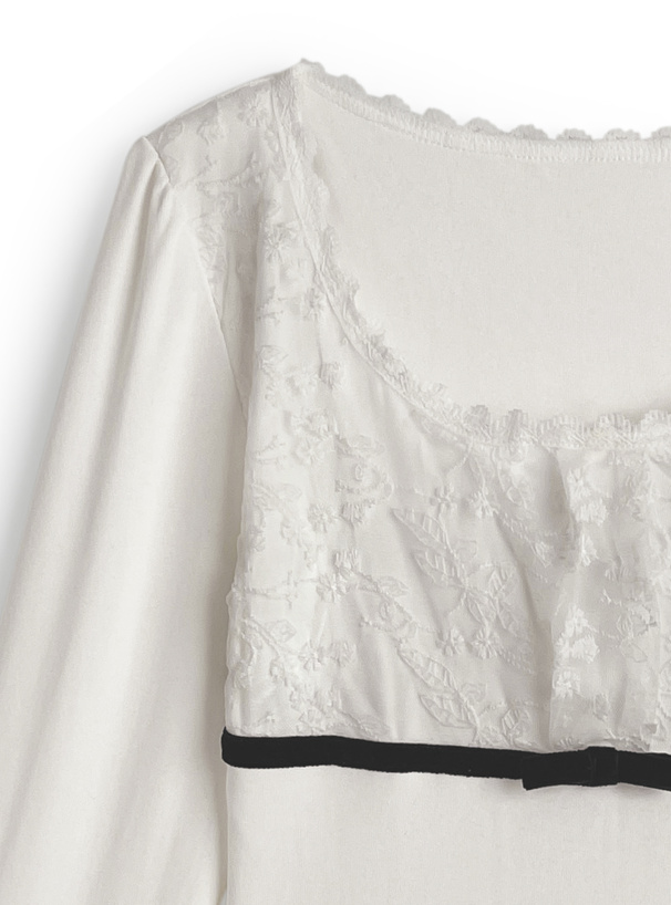 レース配色リボントップス