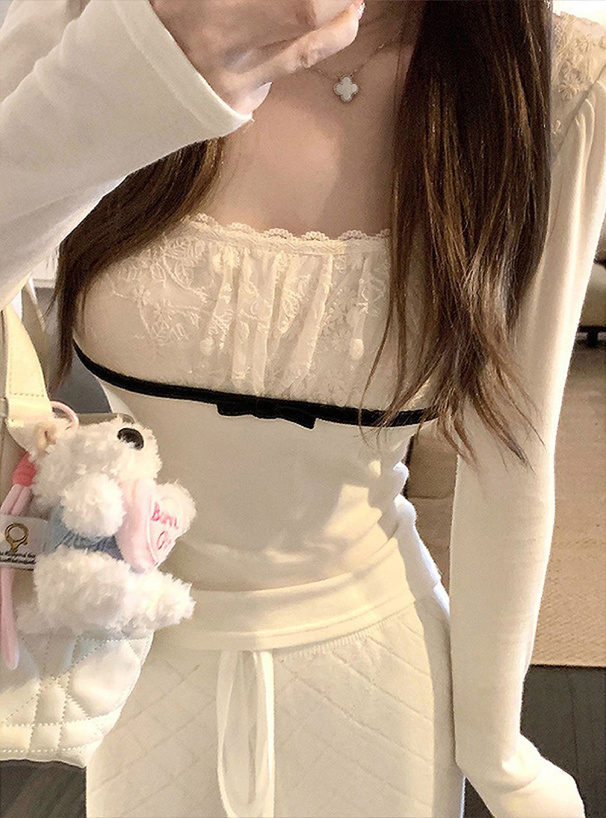 レース配色リボントップス