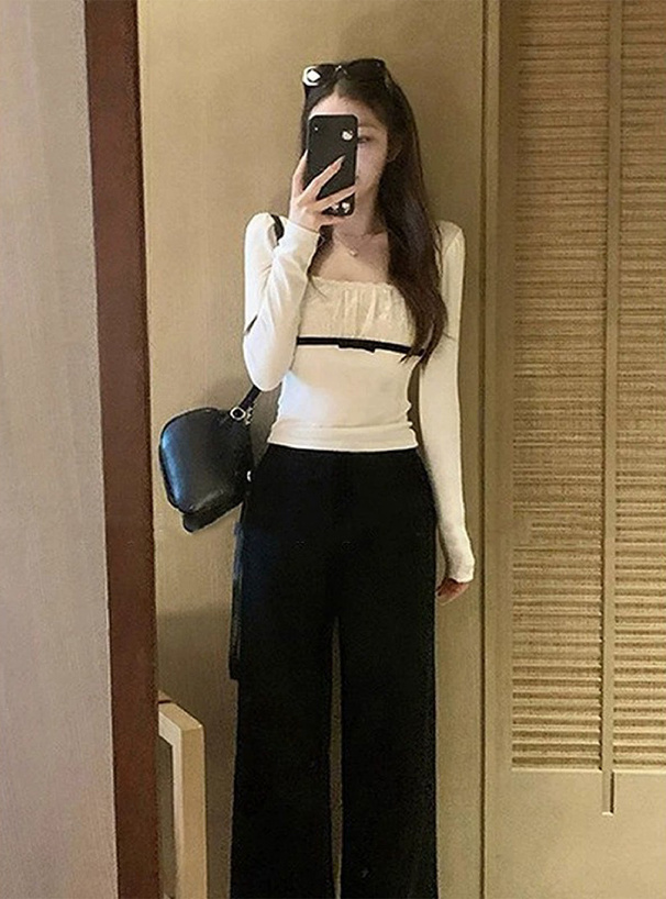 レース配色リボントップス