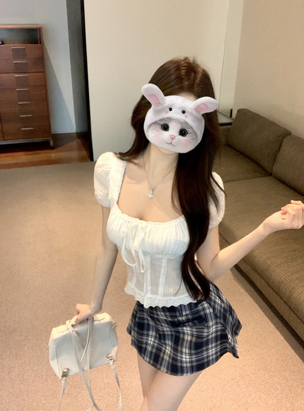 レースリボンスクエアネックブラウス