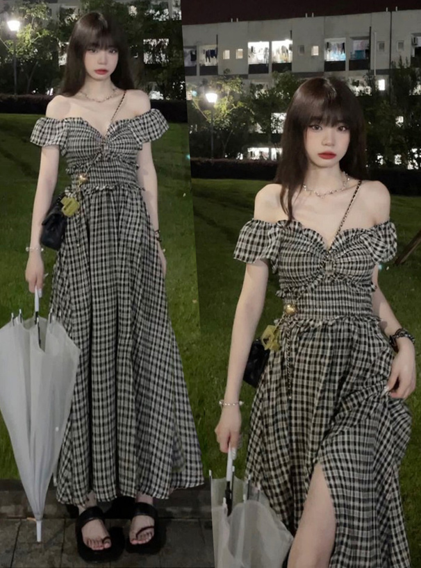チェック柄シャーリングリボンフリルワンピース