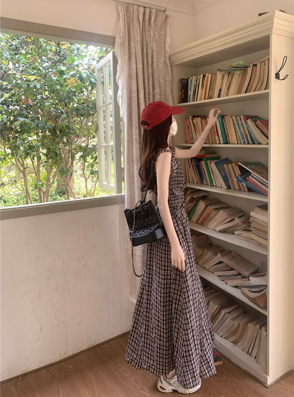 チェック柄シャーリングリボンフリルワンピース