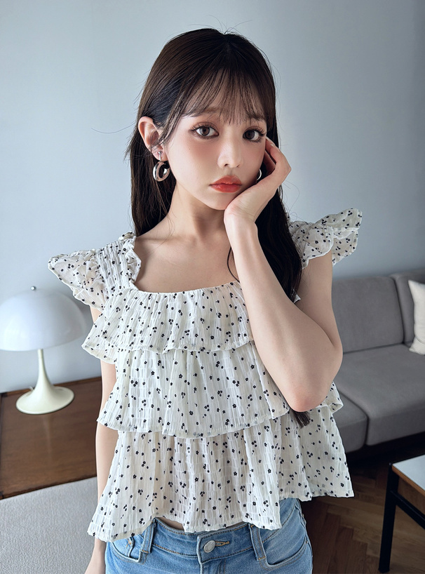 小花柄ノースリーブティアードフリルトップス