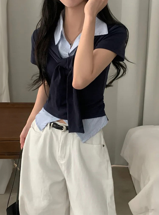 ストライプ柄シャツレイヤード風フロントタイトップス