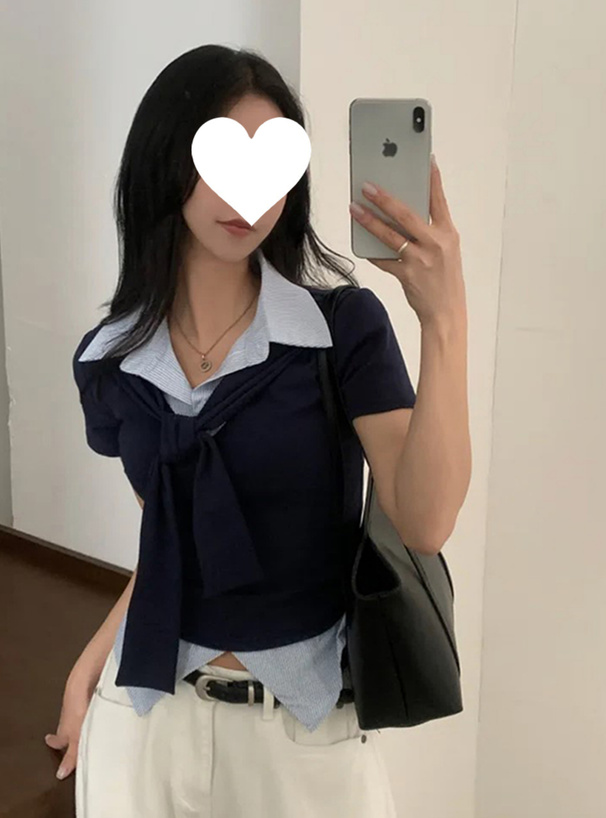 ストライプ柄シャツレイヤード風フロントタイトップス