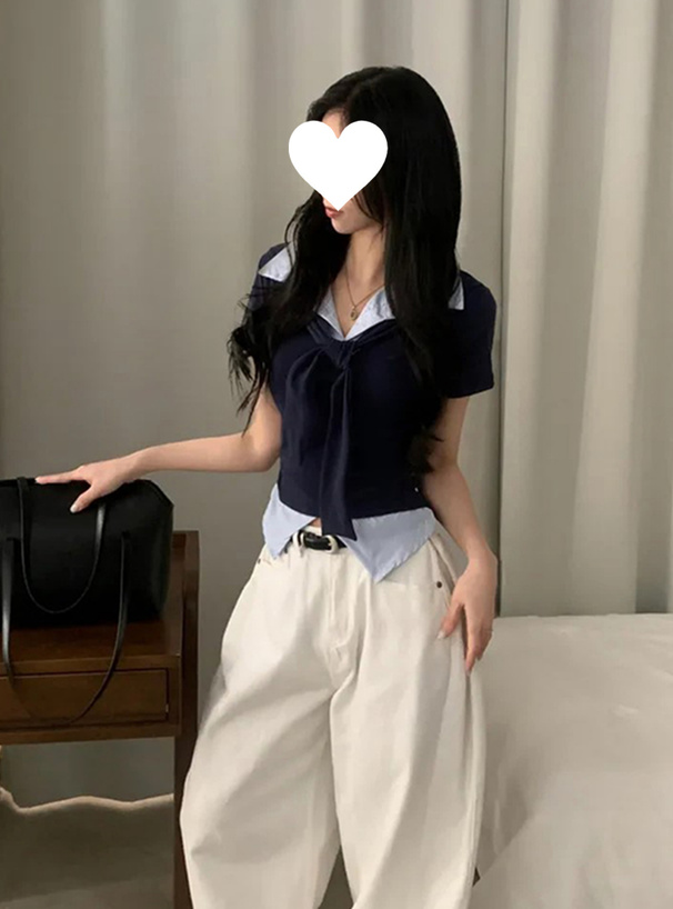 ストライプ柄シャツレイヤード風フロントタイトップス