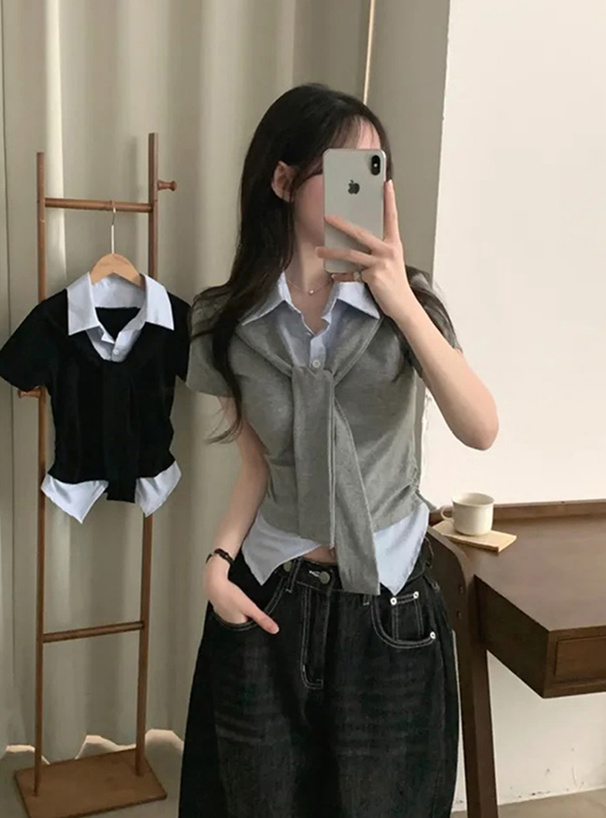 ストライプ柄シャツレイヤード風フロントタイトップス