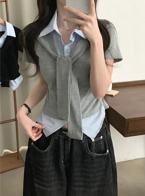 ストライプ柄シャツレイヤード風フロントタイトップス