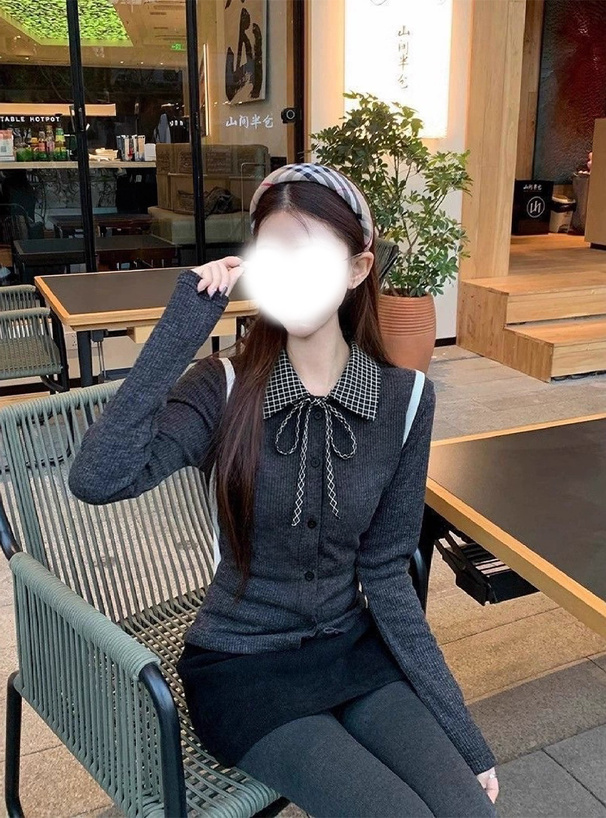 チェック柄シャツレイヤード風リボントップス