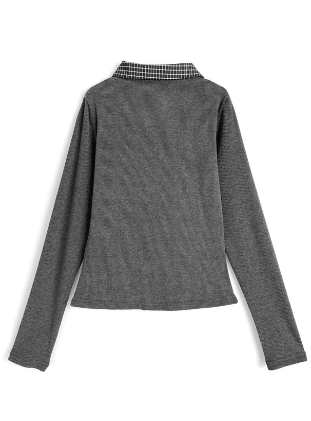 チェック柄シャツレイヤード風リボントップス