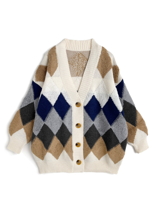 ダイヤ柄Vネックニットカーディガン