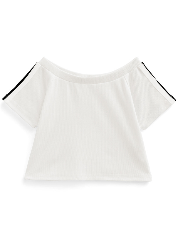 オフショルダー配色ラインテレコリブトップス