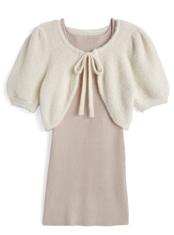 リボンフェザーボレロ×ミニワンピースニットセットアップ