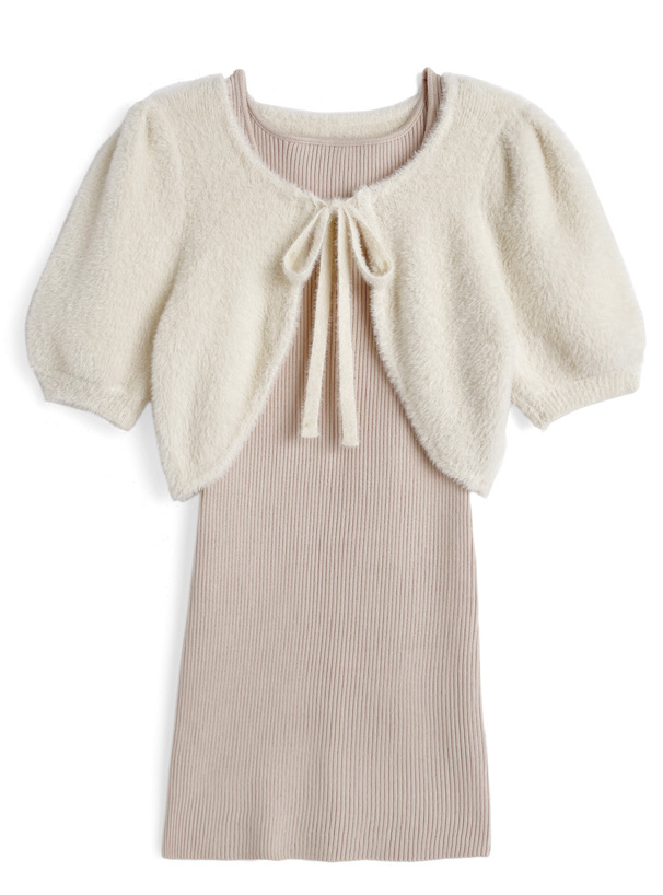 ポンちゃんセット売り❤️新品フリルが可哀想ニットワンピース リボンフェザーボレロ×ミニワンピースニットセットアップ[kz620