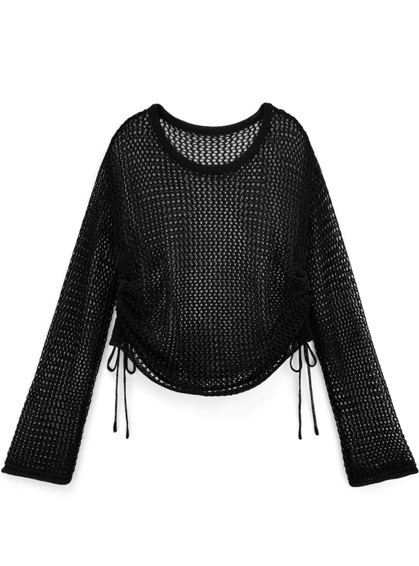 メッシュ編みサイドドロストニットトップス