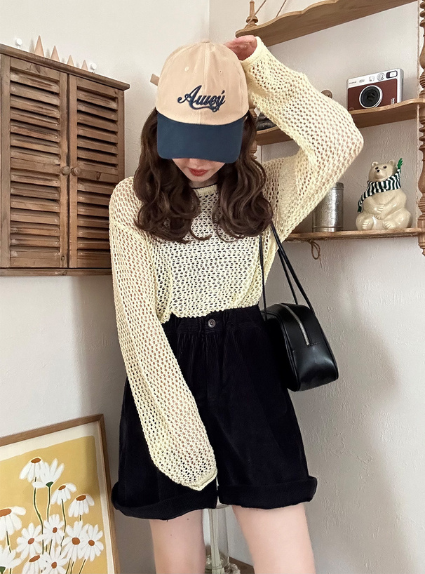 メッシュ編みサイドドロストニットトップス