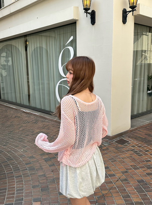 メッシュ編みサイドドロストニットトップス