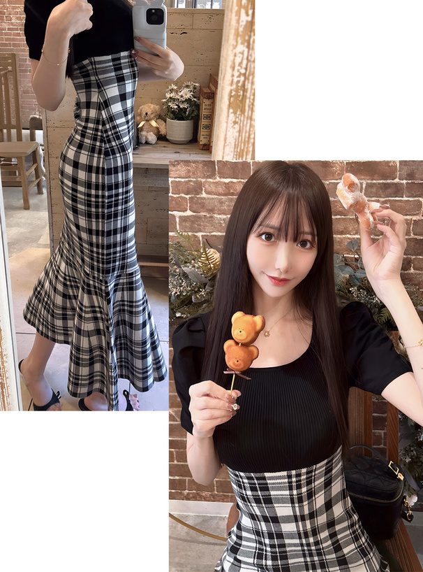 チェックニットワンピース USAGI ONLINE限定】チェックニットワンピース（マキシ丈/ロング