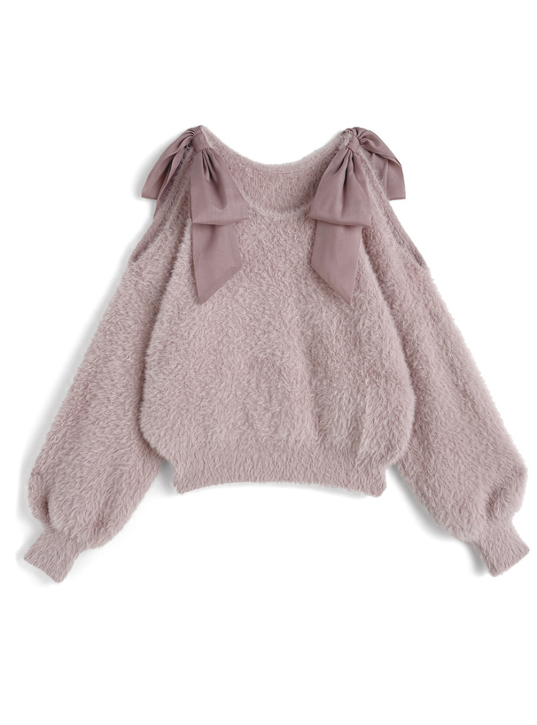 ショルダーオープンリボンシャギーニットトップス[kz657]