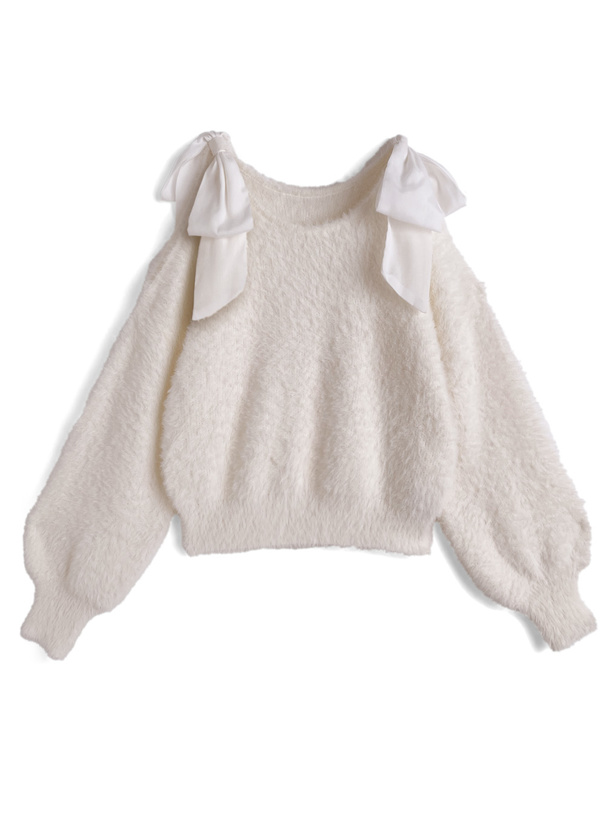 ショルダーオープンリボンシャギーニットトップス