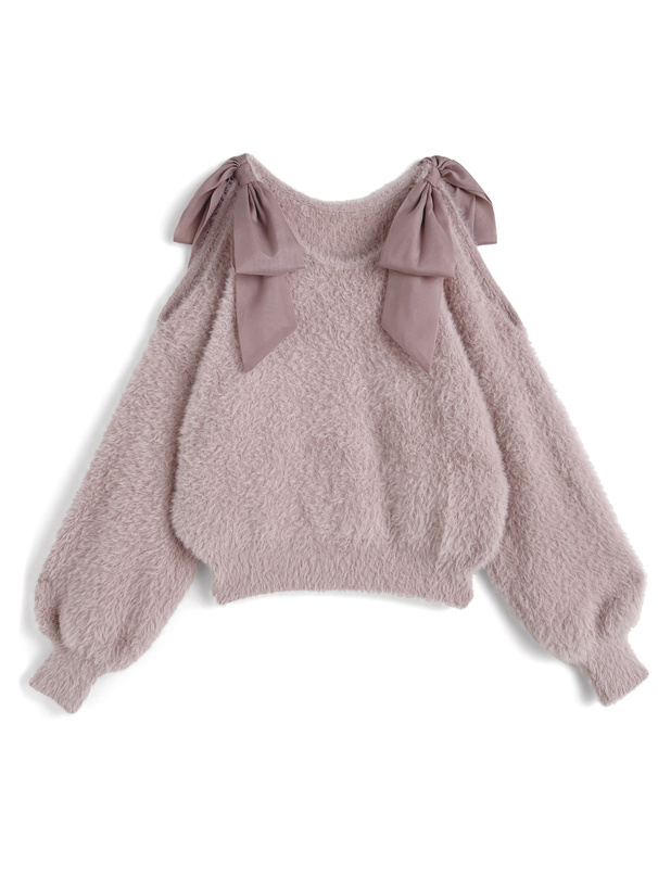 ショルダーオープンリボンシャギーニットトップス