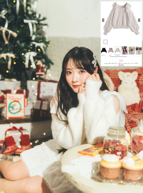 ショルダーオープンリボンシャギーニットトップス