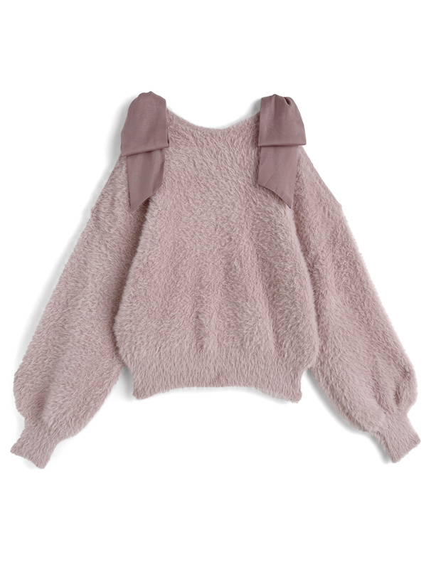 ショルダーオープンリボンシャギーニットトップス