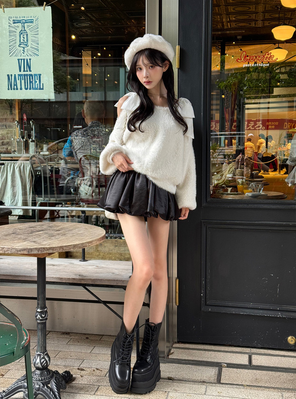 ショルダーオープンリボンシャギーニットトップス