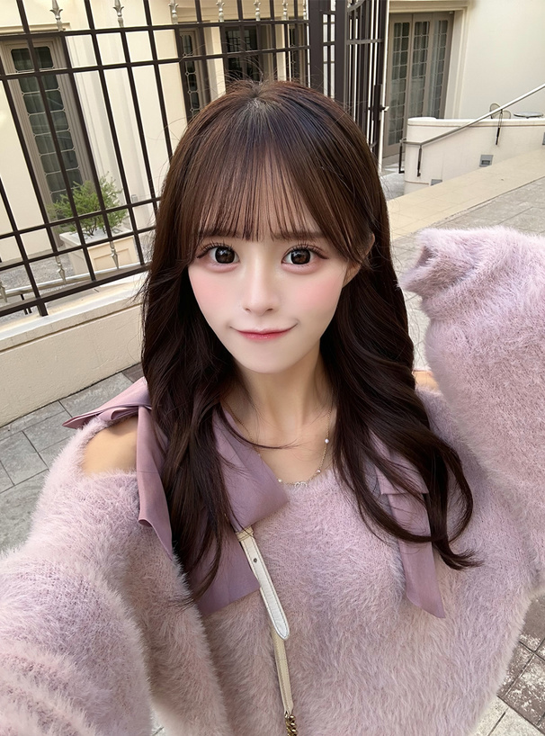 ショルダーオープンリボンシャギーニットトップス