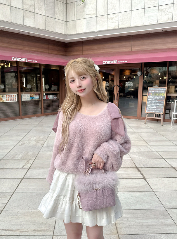 ショルダーオープンリボンシャギーニットトップス