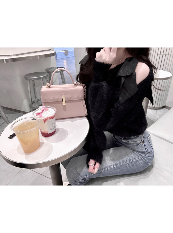 ショルダーオープンリボンシャギーニットトップス