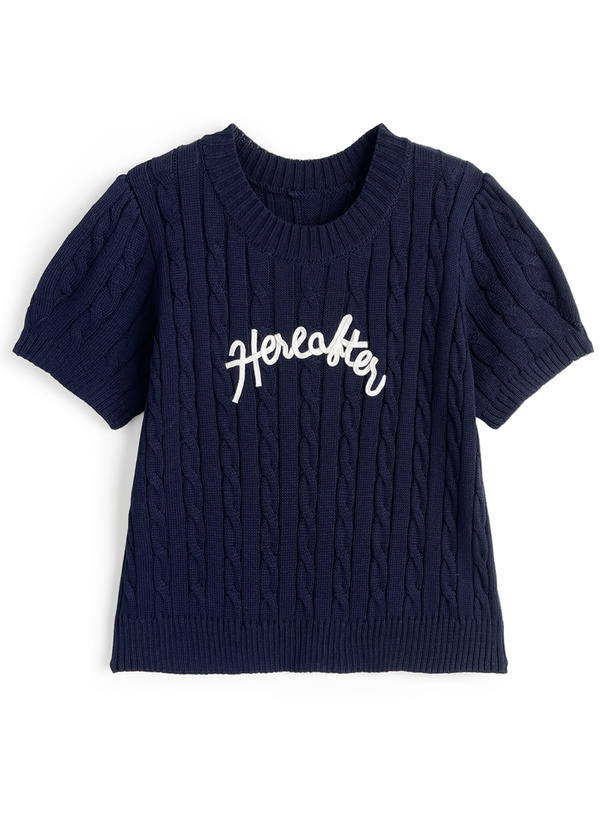 ロゴテープ半袖ケーブル編みニットトップス[kz659]
