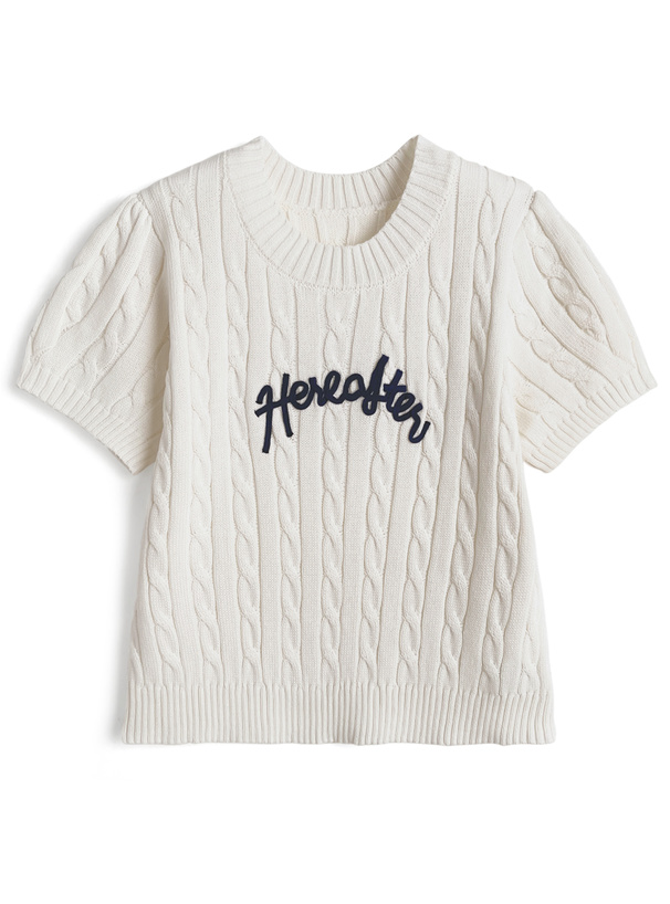ロゴテープ半袖ケーブル編みニットトップス