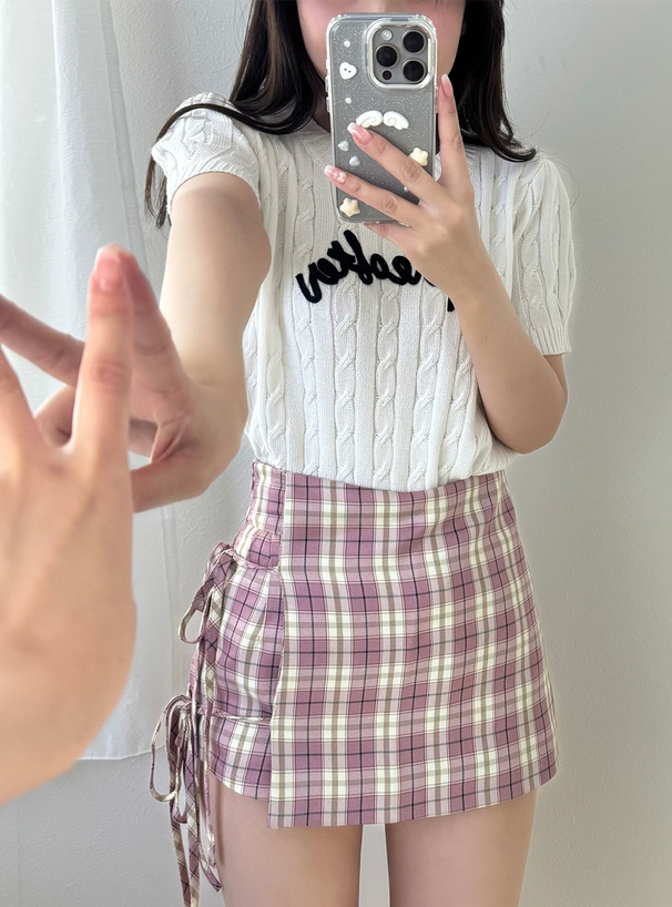 ロゴテープ半袖ケーブル編みニットトップス