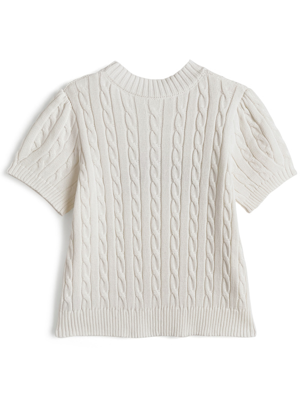 ロゴテープ半袖ケーブル編みニットトップス