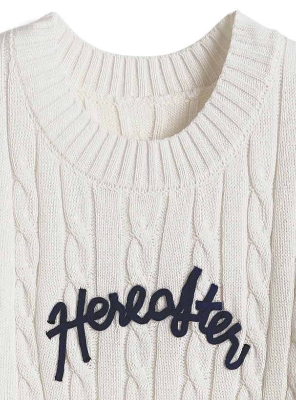 ロゴテープ半袖ケーブル編みニットトップス