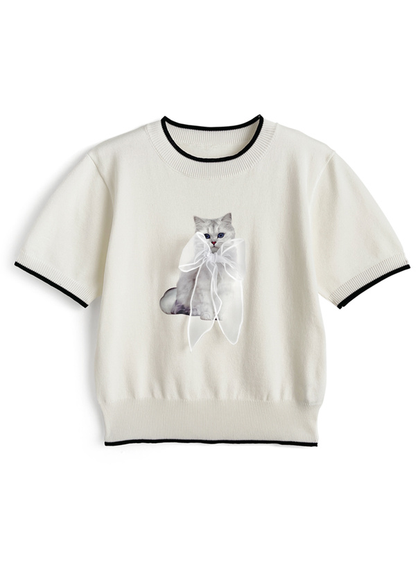 キャットプリントオーガンジーリボン配色ニットトップス