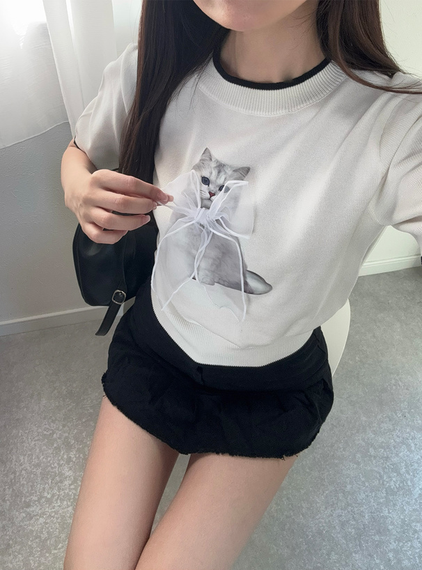 キャットプリントオーガンジーリボン配色ニットトップス