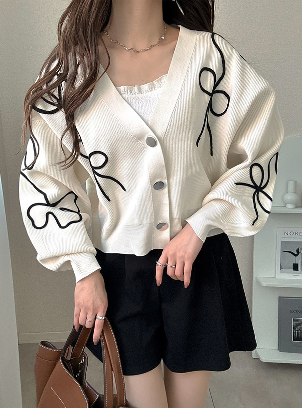 リボンライン刺繍ニットカーディガン[kz670] | レディース