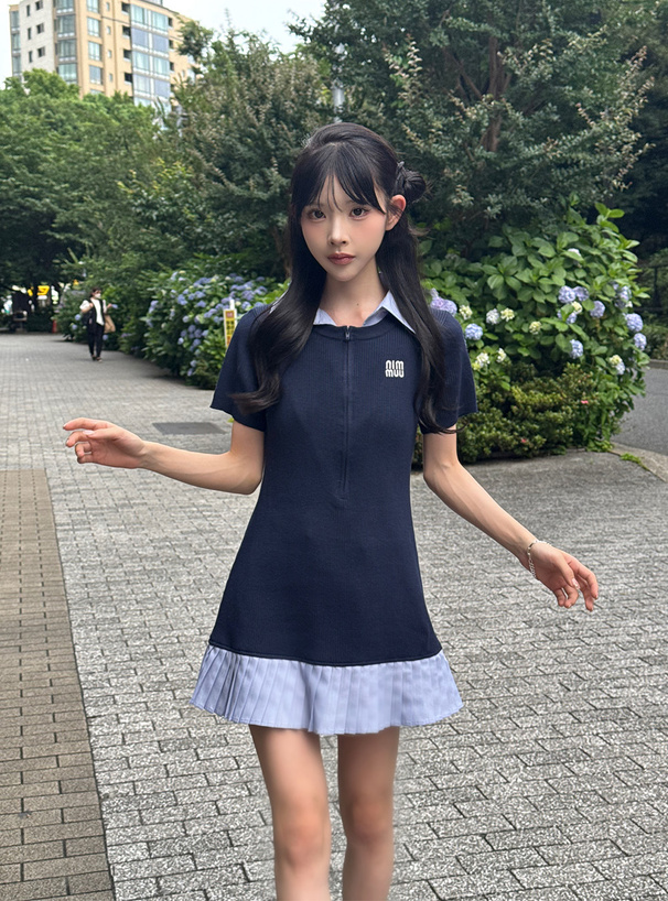 Fano Studios グレー プリーツミニワンピース 半袖 完売商品 ポロカラー リブニットミニワンピース FQ24L010【Fano Studios